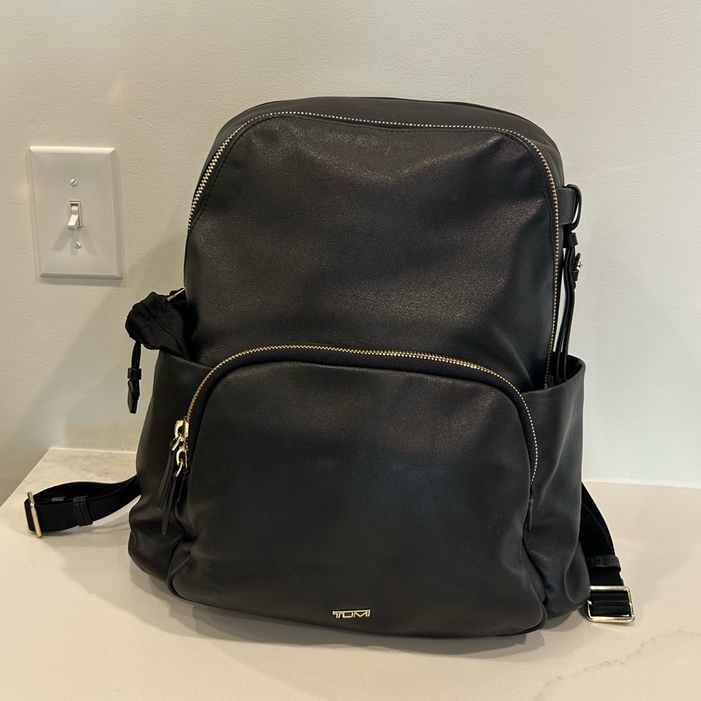 Tumi Black Leather Backpack with Front Zip Pocket